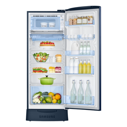 SAMSUNG Stylish Grande 223 Litres3 Star Direct Cool Single Door Refrigerator with Base Stand Drawer (RR24C2823CU/NL, Camellia Blue)
