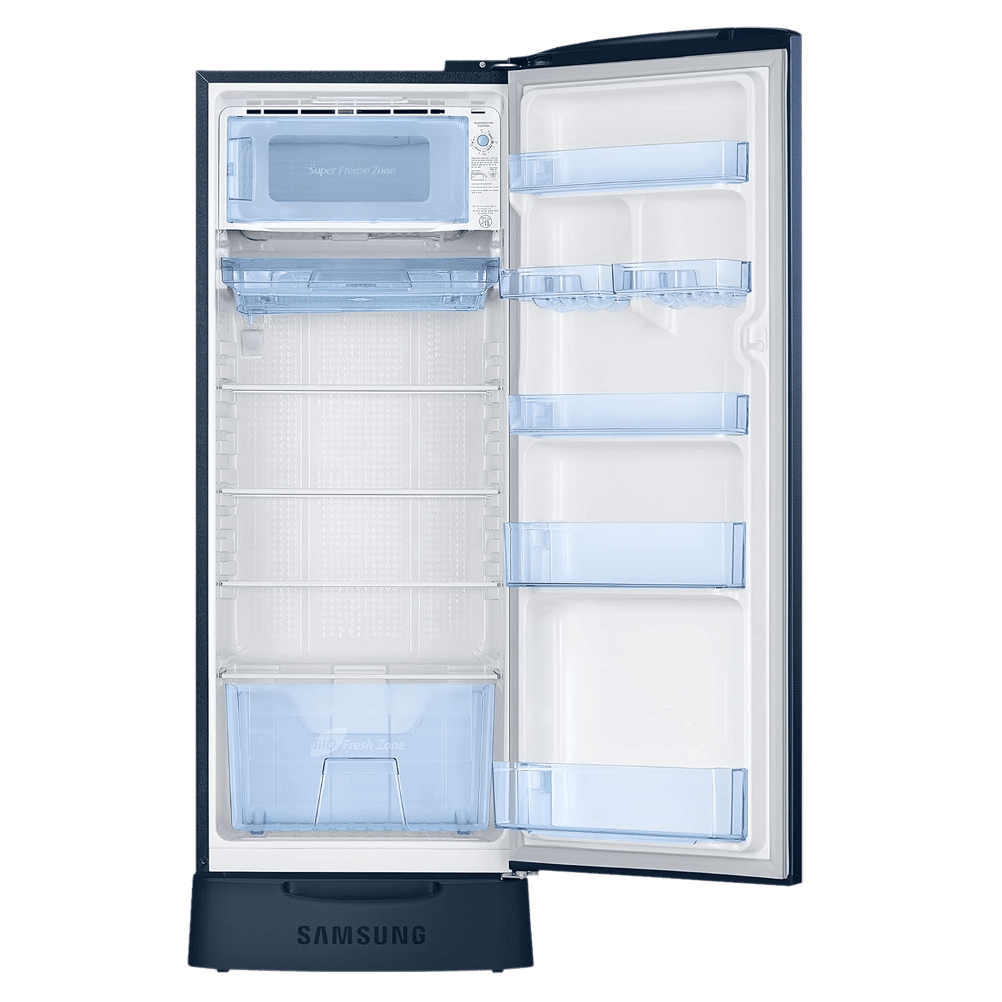 SAMSUNG Stylish Grande 223 Litres3 Star Direct Cool Single Door Refrigerator with Base Stand Drawer (RR24C2823CU/NL, Camellia Blue)