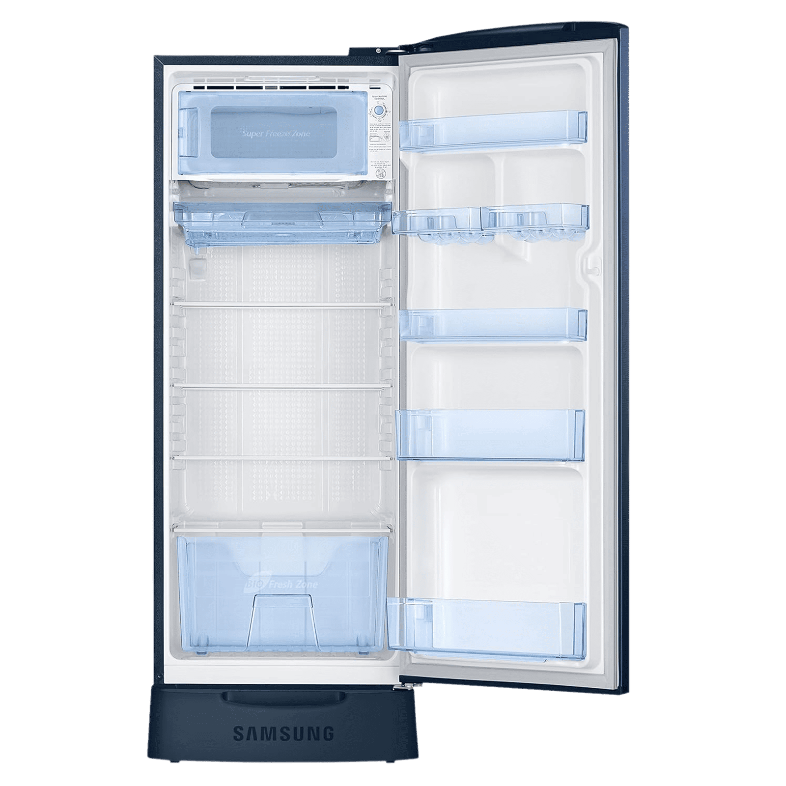 SAMSUNG Stylish Grande 223 Litres3 Star Direct Cool Single Door Refrigerator with Base Stand Drawer (RR24C2823CU/NL, Camellia Blue)
