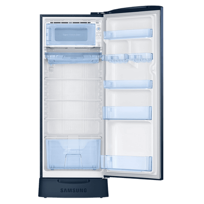 SAMSUNG Stylish Grande 223 Litres3 Star Direct Cool Single Door Refrigerator with Base Stand Drawer (RR24C2823CU/NL, Camellia Blue)
