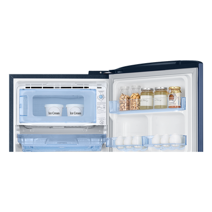 SAMSUNG Stylish Grande 223 Litres3 Star Direct Cool Single Door Refrigerator with Base Stand Drawer (RR24C2823CU/NL, Camellia Blue)