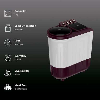 Whirlpool 7 Kg 5 Star Semi- Automatic Washing Machine with Soak Technology (Ace Supreme Pro, 30298, Wine)