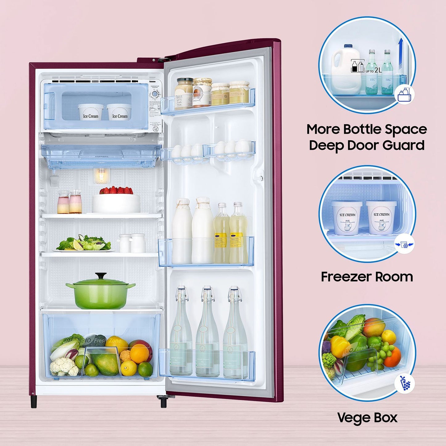 SAMSUNG Stylish Grande 183 Litres3 Star Direct Cool Single Door Refrigerator with Anti Bacterial Gasket (RR20C1723R8/HL, Blooming Saffron Red)