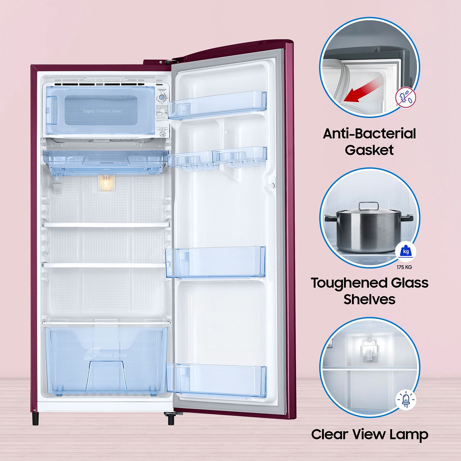 SAMSUNG Stylish Grande 183 Litres3 Star Direct Cool Single Door Refrigerator with Anti Bacterial Gasket (RR20C1723R8/HL, Blooming Saffron Red)