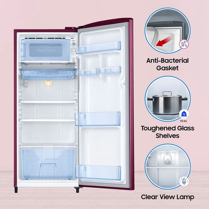 SAMSUNG Stylish Grande 183 Litres3 Star Direct Cool Single Door Refrigerator with Anti Bacterial Gasket (RR20C1723R8/HL, Blooming Saffron Red)