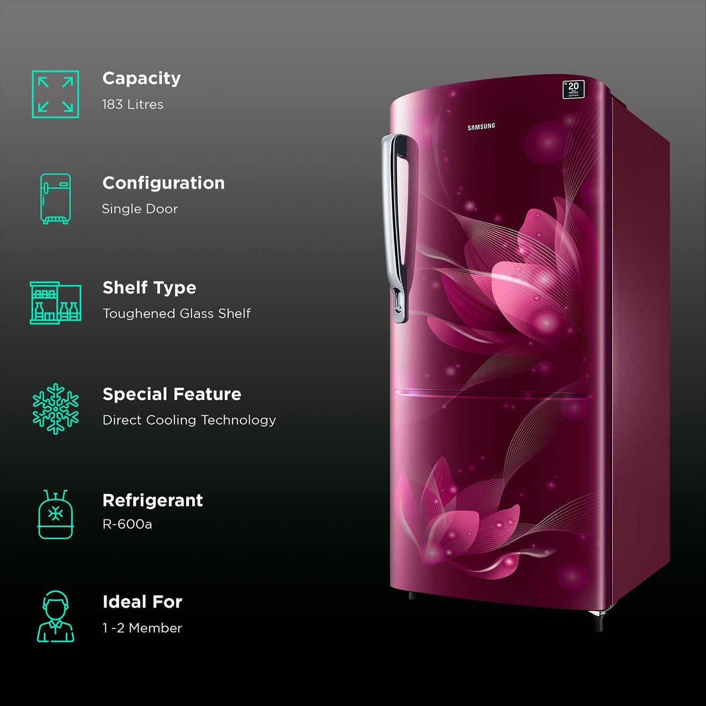 SAMSUNG Stylish Grande 183 Litres3 Star Direct Cool Single Door Refrigerator with Anti Bacterial Gasket (RR20C1723R8/HL, Blooming Saffron Red)