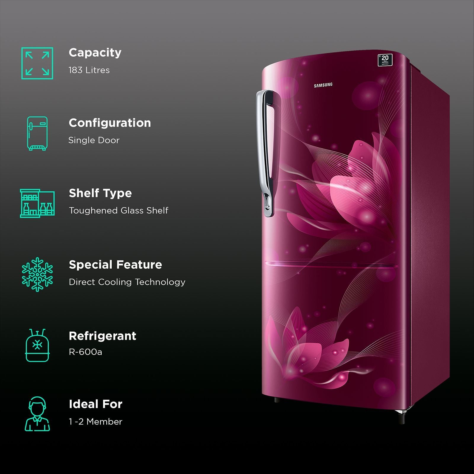 SAMSUNG Stylish Grande 183 Litres3 Star Direct Cool Single Door Refrigerator with Anti Bacterial Gasket (RR20C1723R8/HL, Blooming Saffron Red)