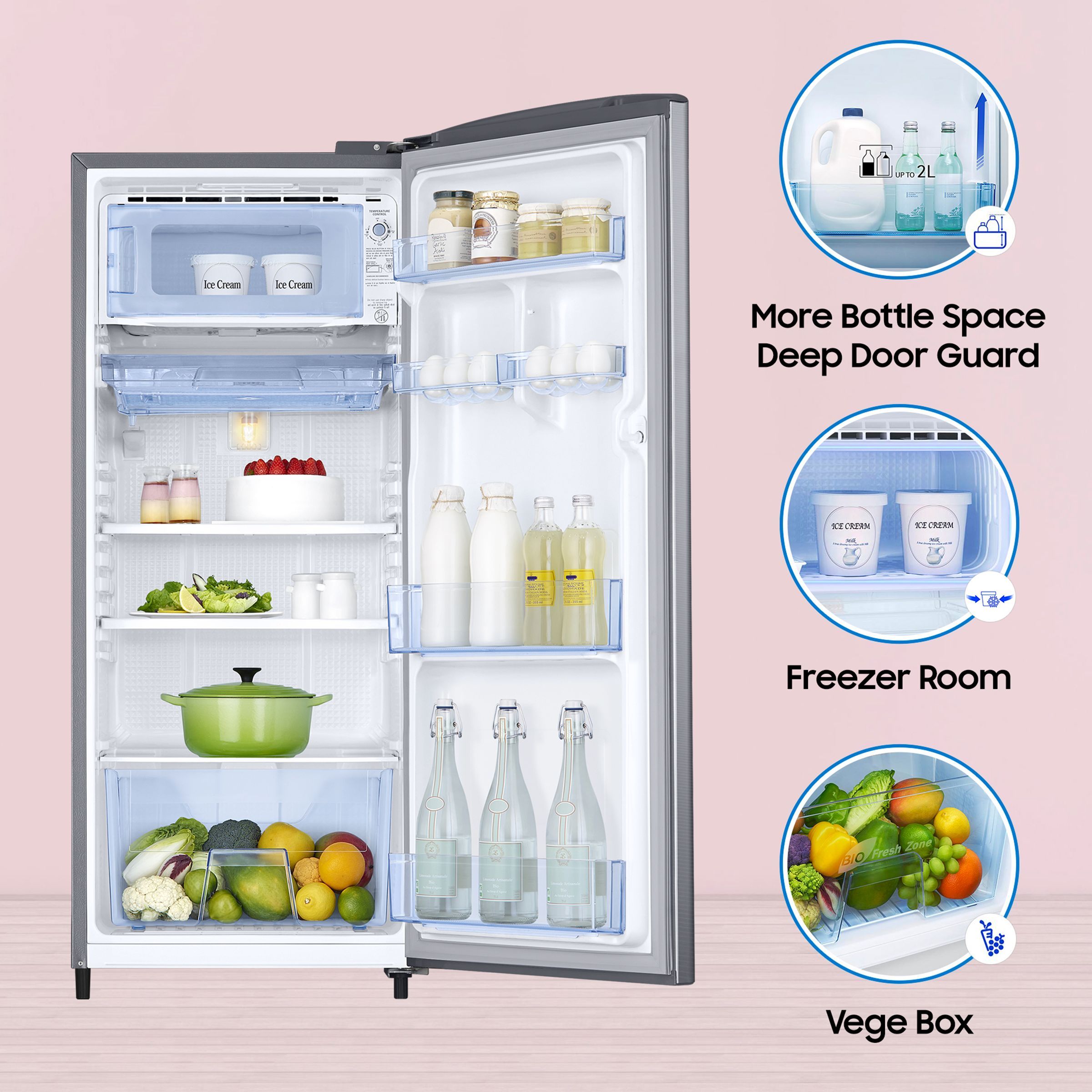SAMSUNG Stylish Grande 183 Litres3 Star Direct Cool Single Door Refrigerator with Anti Bacterial Gasket (RR20C1723S8/HL, Elegant Inox)