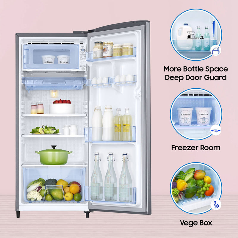 SAMSUNG Stylish Grande 183 Litres3 Star Direct Cool Single Door Refrigerator with Anti Bacterial Gasket (RR20C1723S8/HL, Elegant Inox)