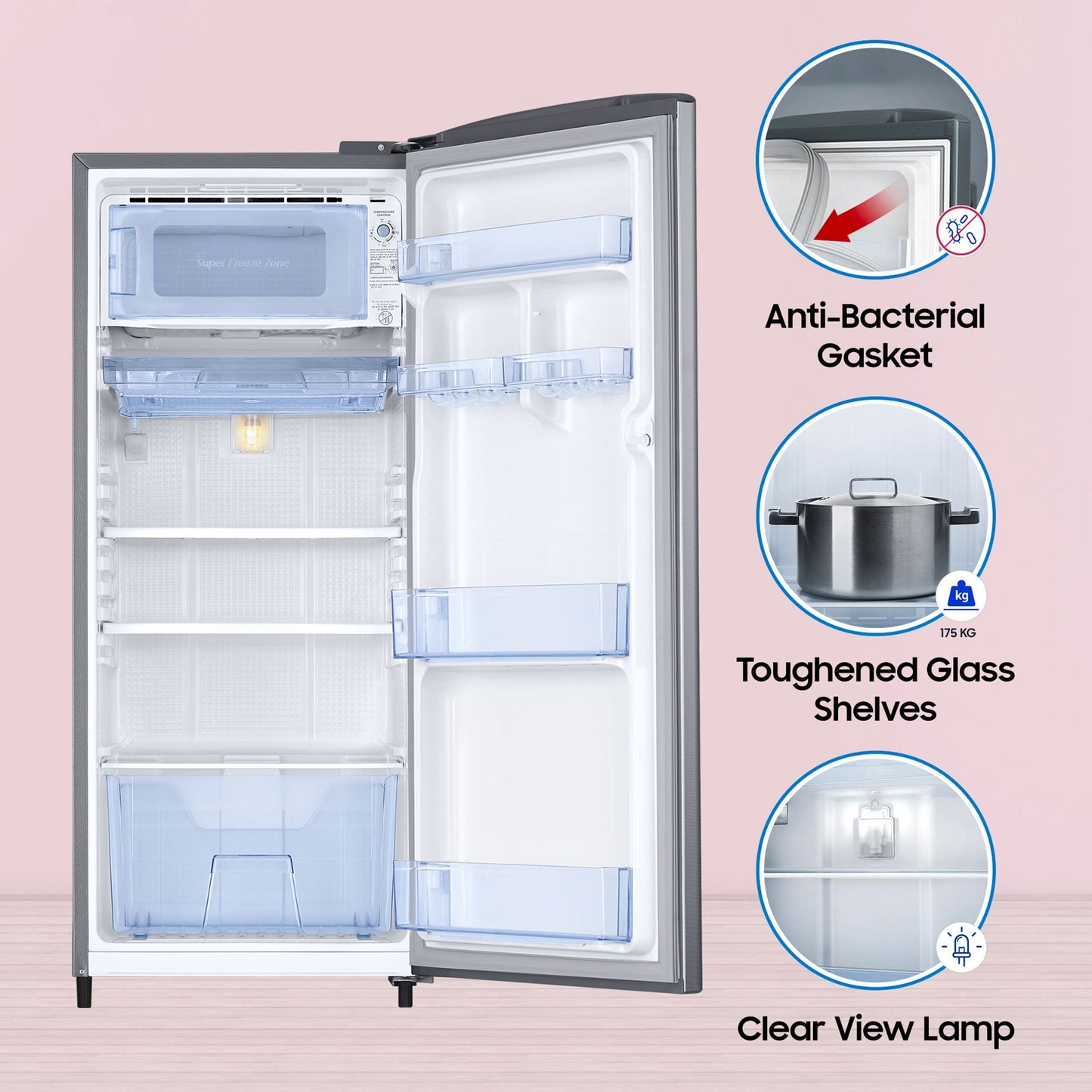 SAMSUNG Stylish Grande 183 Litres3 Star Direct Cool Single Door Refrigerator with Anti Bacterial Gasket (RR20C1723S8/HL, Elegant Inox)