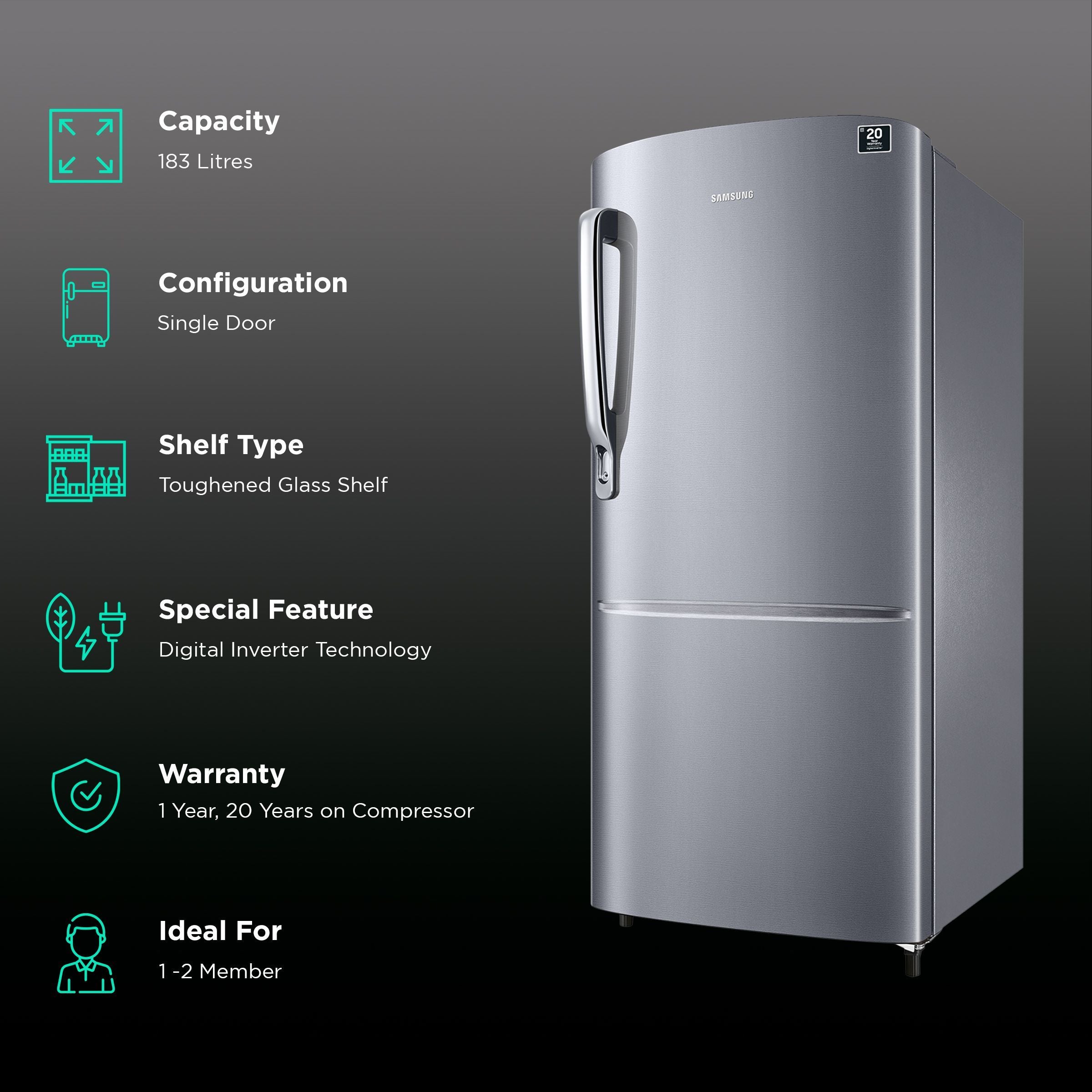 SAMSUNG Stylish Grande 183 Litres3 Star Direct Cool Single Door Refrigerator with Anti Bacterial Gasket (RR20C1723S8/HL, Elegant Inox)