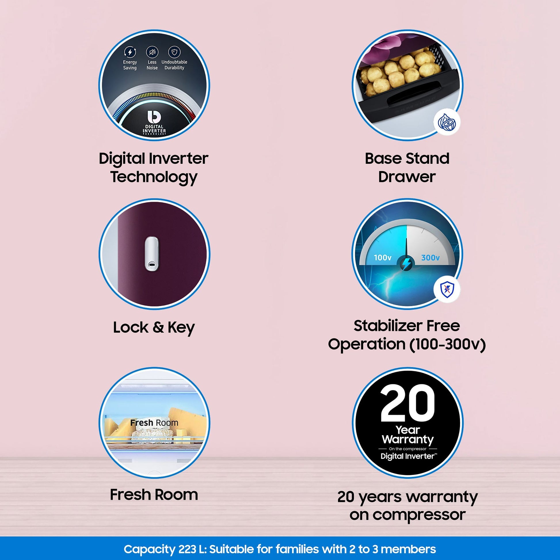 SAMSUNG Stylish Grande 223 Litres3 Star Direct Cool Single Door Refrigerator with Base Stand Drawer (RR24C2Z23CR/NL, Camellia Purple)