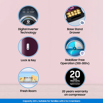 SAMSUNG Stylish Grande 223 Litres3 Star Direct Cool Single Door Refrigerator with Base Stand Drawer (RR24C2Z23CR/NL, Camellia Purple)