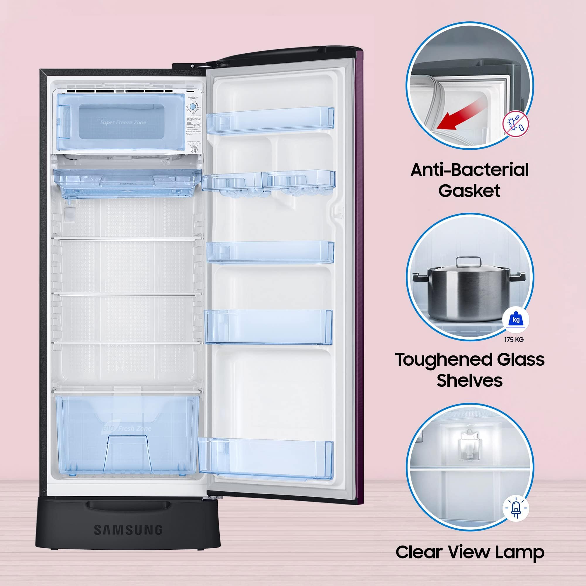 SAMSUNG Stylish Grande 223 Litres3 Star Direct Cool Single Door Refrigerator with Base Stand Drawer (RR24C2Z23CR/NL, Camellia Purple)