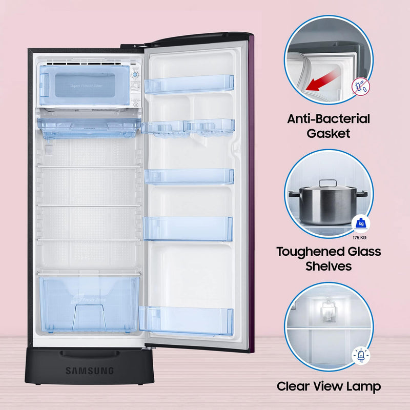 SAMSUNG Stylish Grande 223 Litres3 Star Direct Cool Single Door Refrigerator with Base Stand Drawer (RR24C2Z23CR/NL, Camellia Purple)