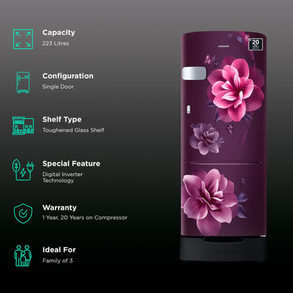 SAMSUNG Stylish Grande 223 Litres3 Star Direct Cool Single Door Refrigerator with Base Stand Drawer (RR24C2Z23CR/NL, Camellia Purple)