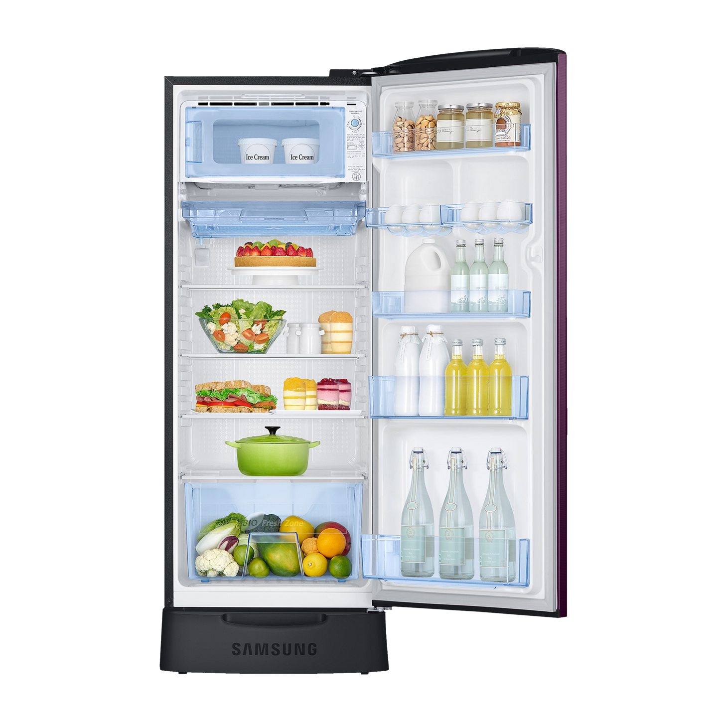 SAMSUNG Stylish Grande 223 Litres3 Star Direct Cool Single Door Refrigerator with Base Stand Drawer (RR24C2Z23CR/NL, Camellia Purple)