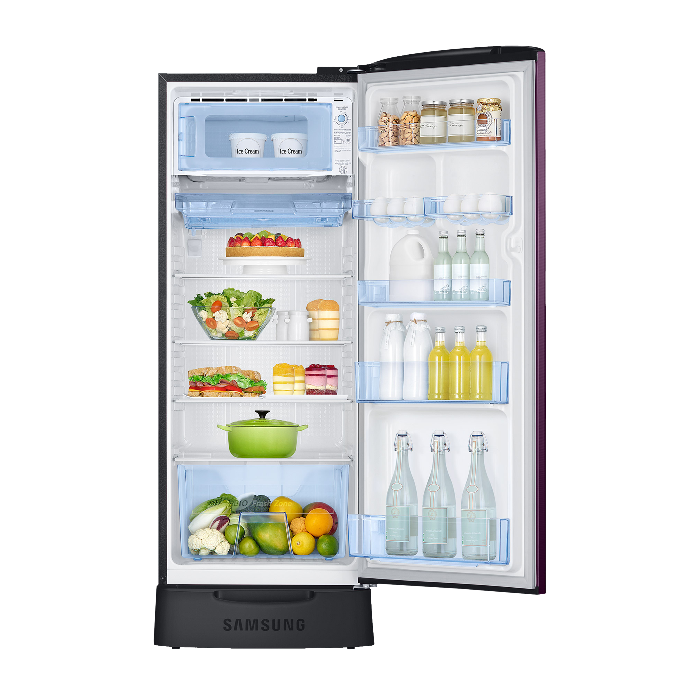 SAMSUNG Stylish Grande 223 Litres3 Star Direct Cool Single Door Refrigerator with Base Stand Drawer (RR24C2Z23CR/NL, Camellia Purple)
