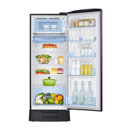 SAMSUNG Stylish Grande 223 Litres3 Star Direct Cool Single Door Refrigerator with Base Stand Drawer (RR24C2Z23CR/NL, Camellia Purple)