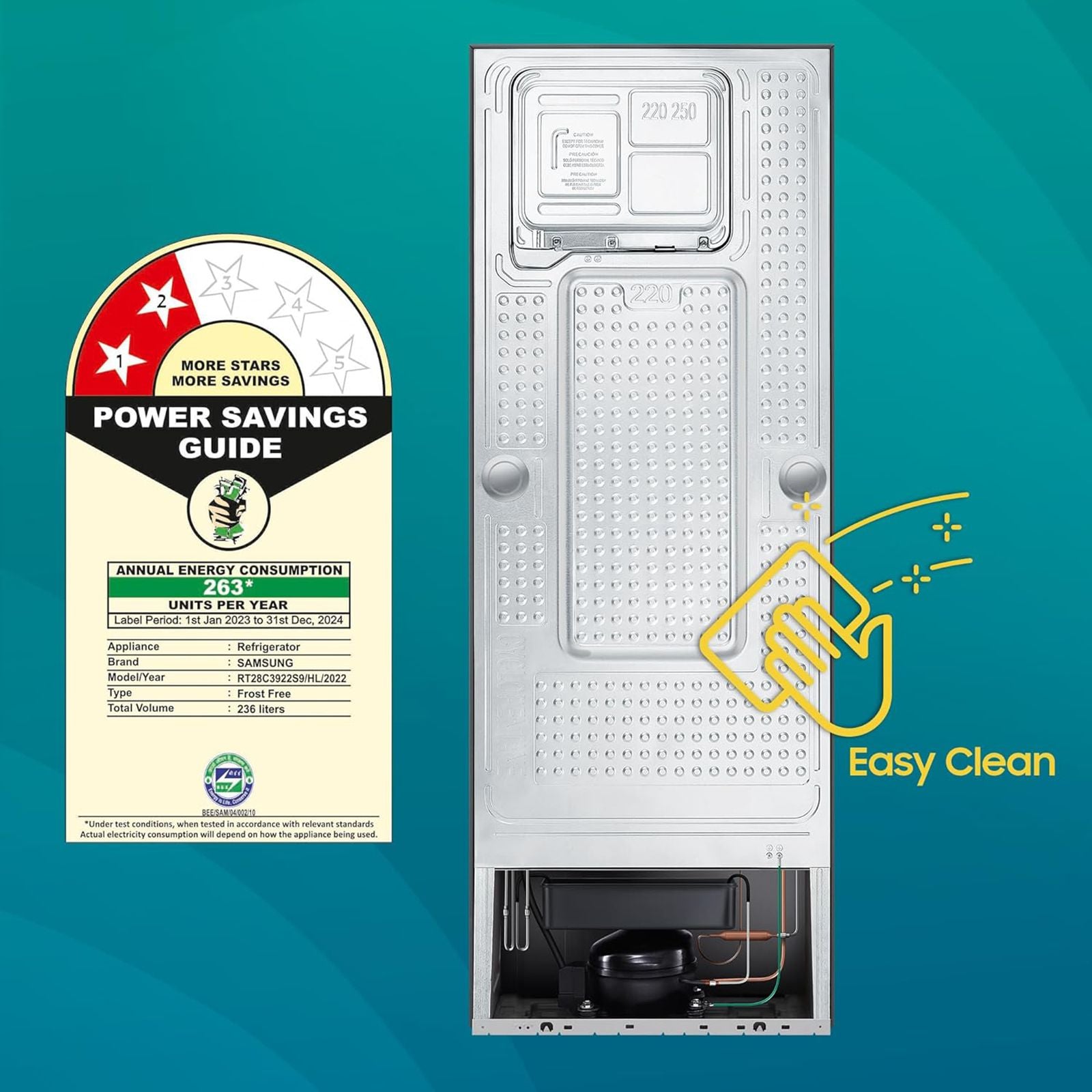 SAMSUNG 236 Litres 2 Star Frost Free Double Door Convertible Refrigerator with Anti Bacterial Gasket (RT28C3922S9/HL, Refined Inox)