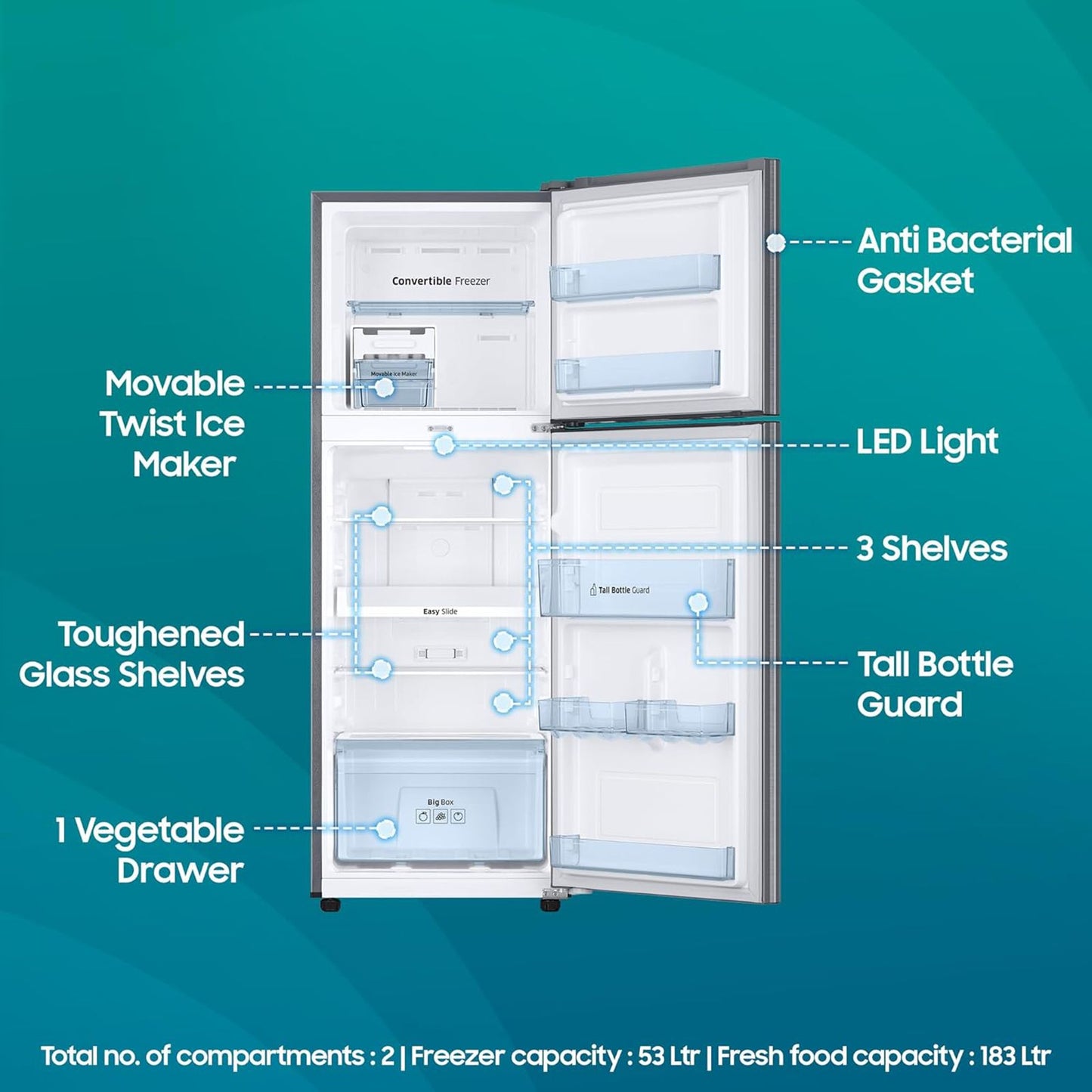 SAMSUNG 236 Litres 2 Star Frost Free Double Door Convertible Refrigerator with Anti Bacterial Gasket (RT28C3922S9/HL, Refined Inox)