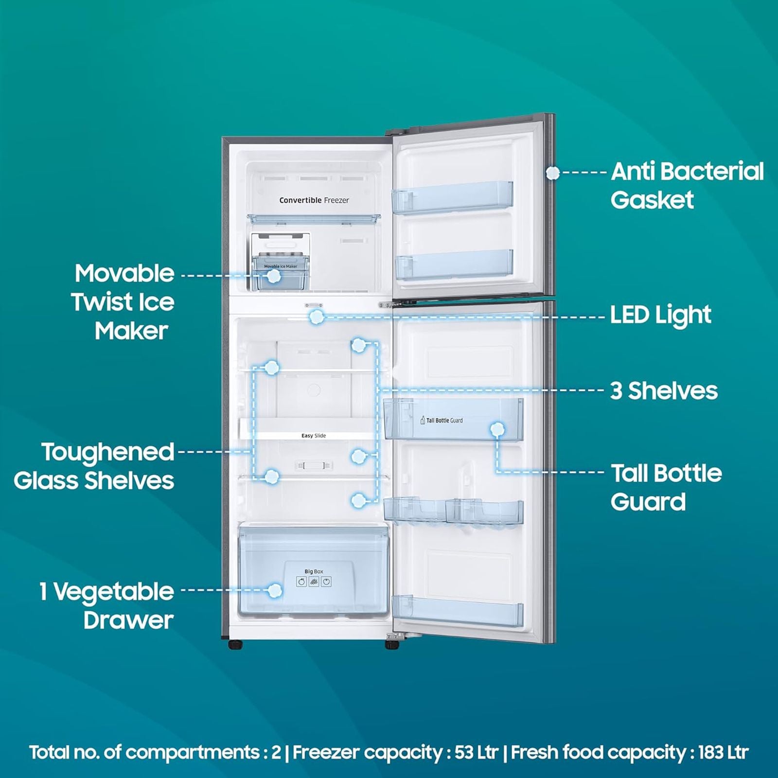 SAMSUNG 236 Litres 2 Star Frost Free Double Door Convertible Refrigerator with Anti Bacterial Gasket (RT28C3922S9/HL, Refined Inox)