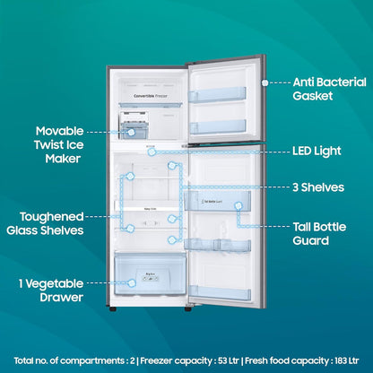 SAMSUNG 236 Litres 2 Star Frost Free Double Door Convertible Refrigerator with Anti Bacterial Gasket (RT28C3922S9/HL, Refined Inox)