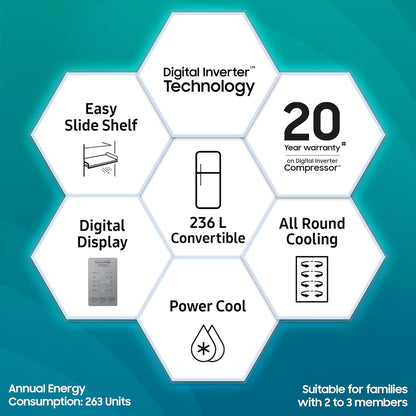 SAMSUNG 236 Litres 2 Star Frost Free Double Door Convertible Refrigerator with Anti Bacterial Gasket (RT28C3922S9/HL, Refined Inox)