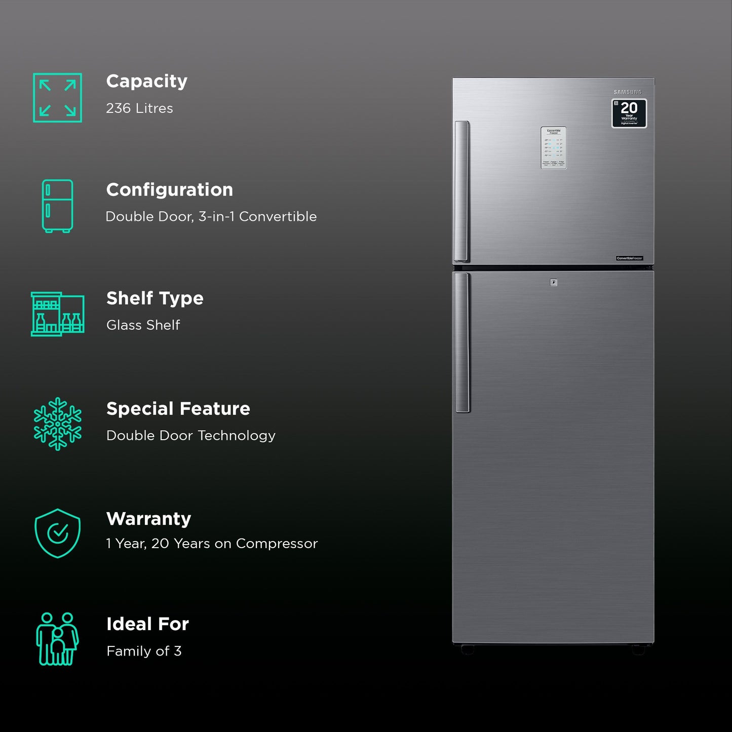 SAMSUNG 236 Litres 2 Star Frost Free Double Door Convertible Refrigerator with Anti Bacterial Gasket (RT28C3922S9/HL, Refined Inox)