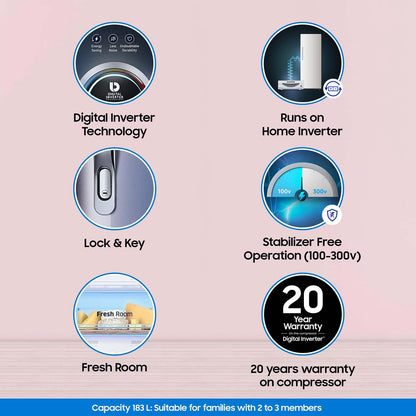 SAMSUNG Stylish Grande 183 Litres4 Star Direct Cool Single Door Refrigerator with Anti Bacterial Gasket (RR20C1724CU/HL, Camellia Blue)