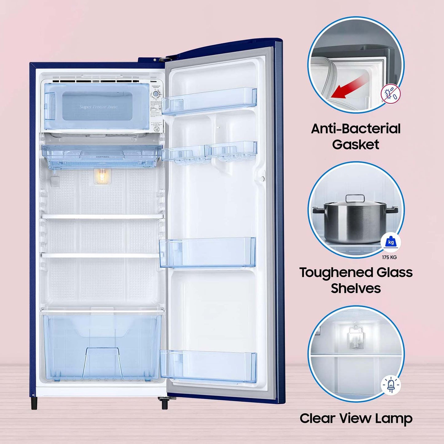 SAMSUNG Stylish Grande 183 Litres4 Star Direct Cool Single Door Refrigerator with Anti Bacterial Gasket (RR20C1724CU/HL, Camellia Blue)