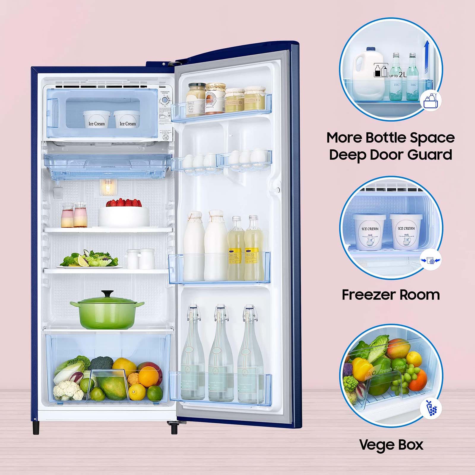 SAMSUNG Stylish Grande 183 Litres4 Star Direct Cool Single Door Refrigerator with Anti Bacterial Gasket (RR20C1724CU/HL, Camellia Blue)