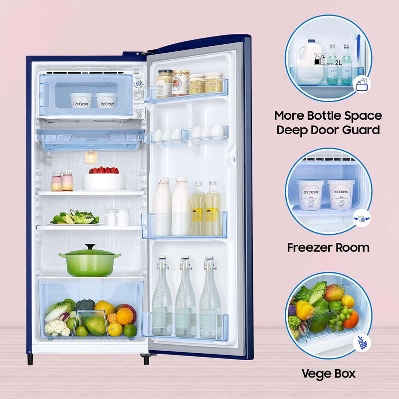 SAMSUNG Stylish Grande 183 Litres4 Star Direct Cool Single Door Refrigerator with Anti Bacterial Gasket (RR20C1724CU/HL, Camellia Blue)