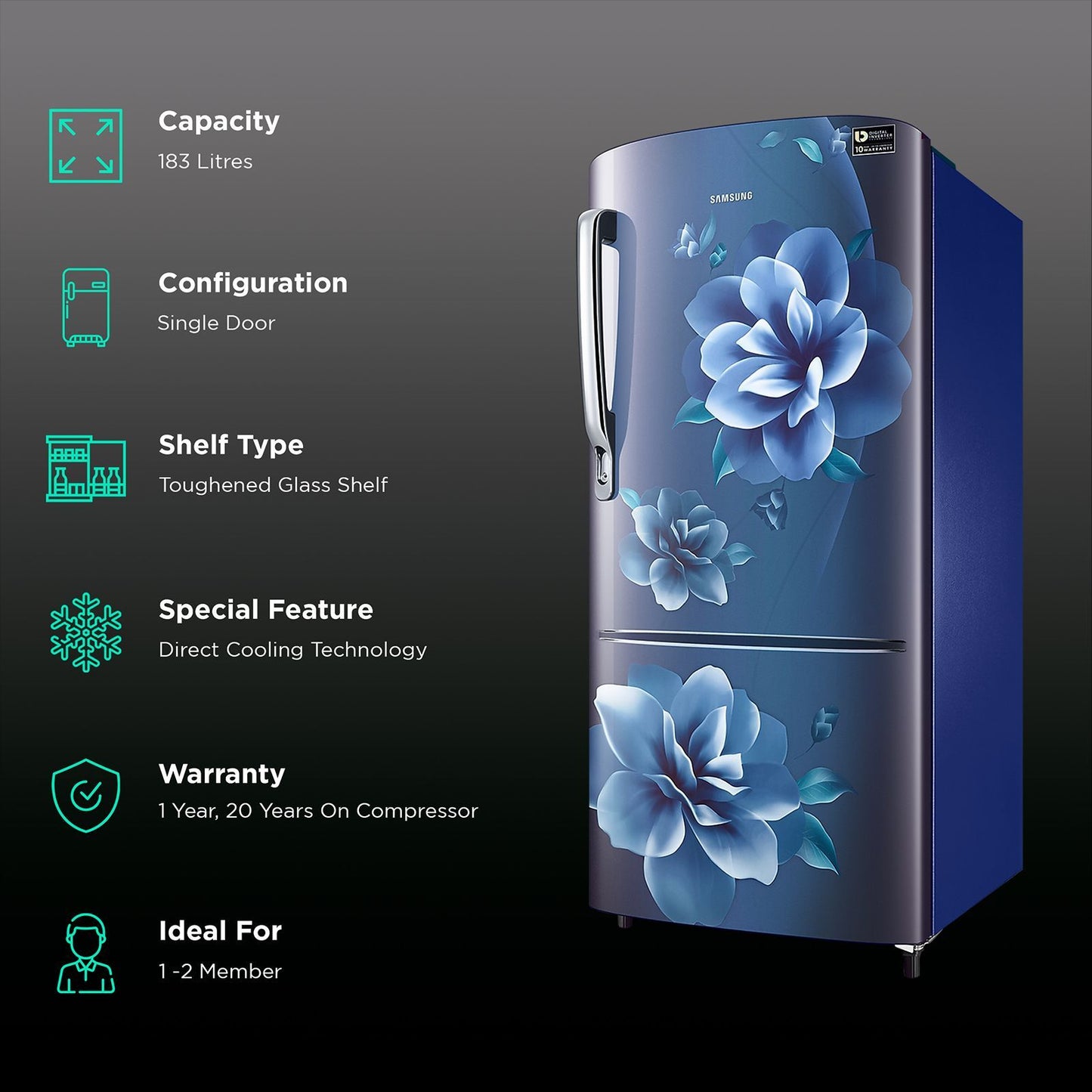 SAMSUNG Stylish Grande 183 Litres4 Star Direct Cool Single Door Refrigerator with Anti Bacterial Gasket (RR20C1724CU/HL, Camellia Blue)