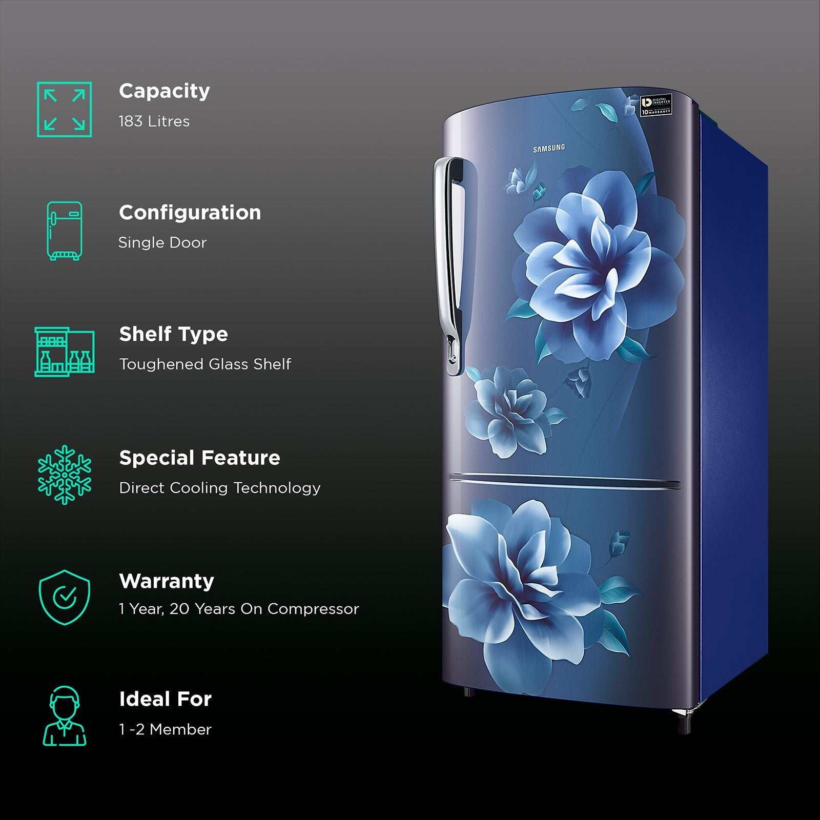 SAMSUNG Stylish Grande 183 Litres4 Star Direct Cool Single Door Refrigerator with Anti Bacterial Gasket (RR20C1724CU/HL, Camellia Blue)