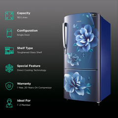 SAMSUNG Stylish Grande 183 Litres4 Star Direct Cool Single Door Refrigerator with Anti Bacterial Gasket (RR20C1724CU/HL, Camellia Blue)