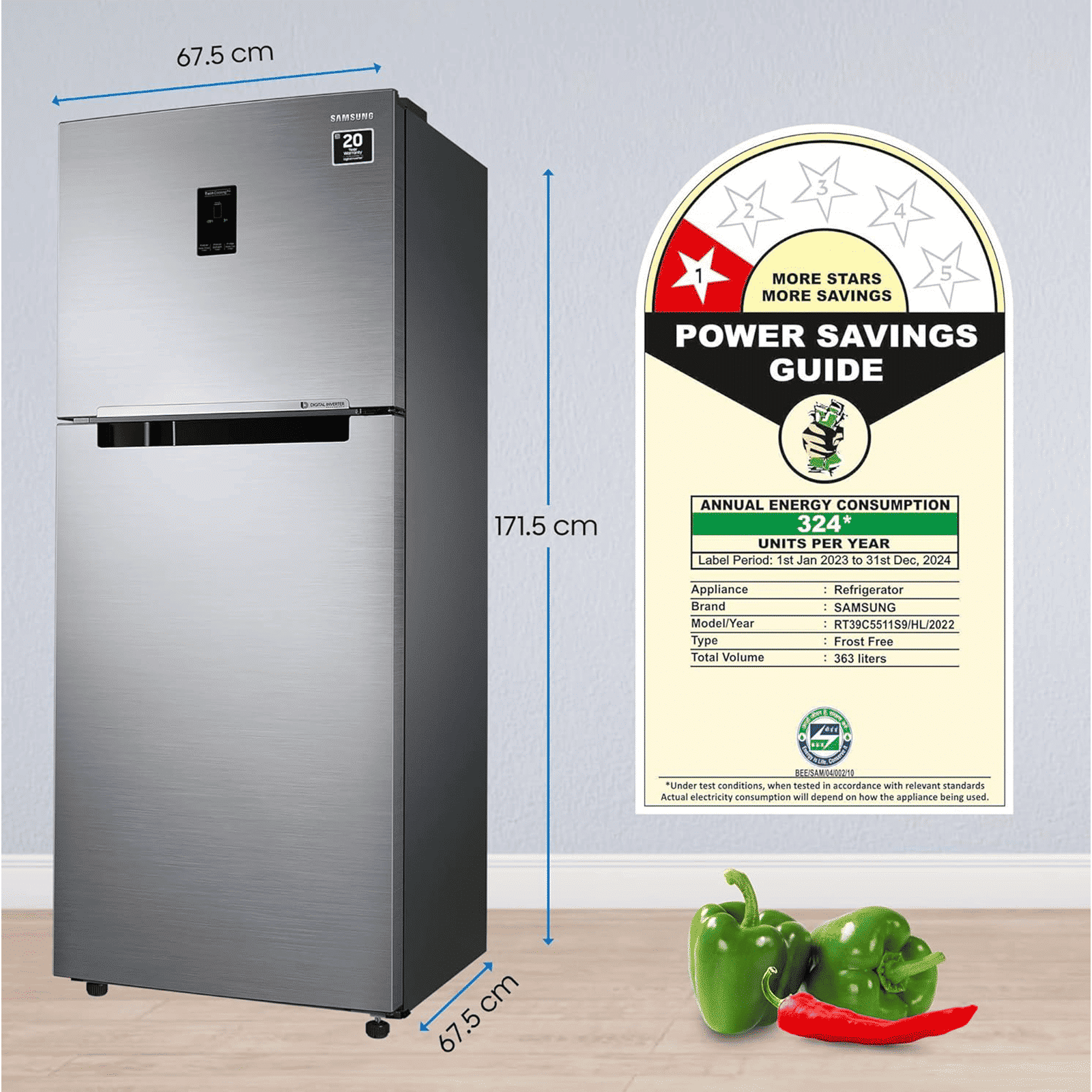 SAMSUNG 363 Litres 1 Star Frost Free Double Door Convertible Refrigerator with Stabilizer Free Operation (RT39C5511S9/HL, Refined Inox)