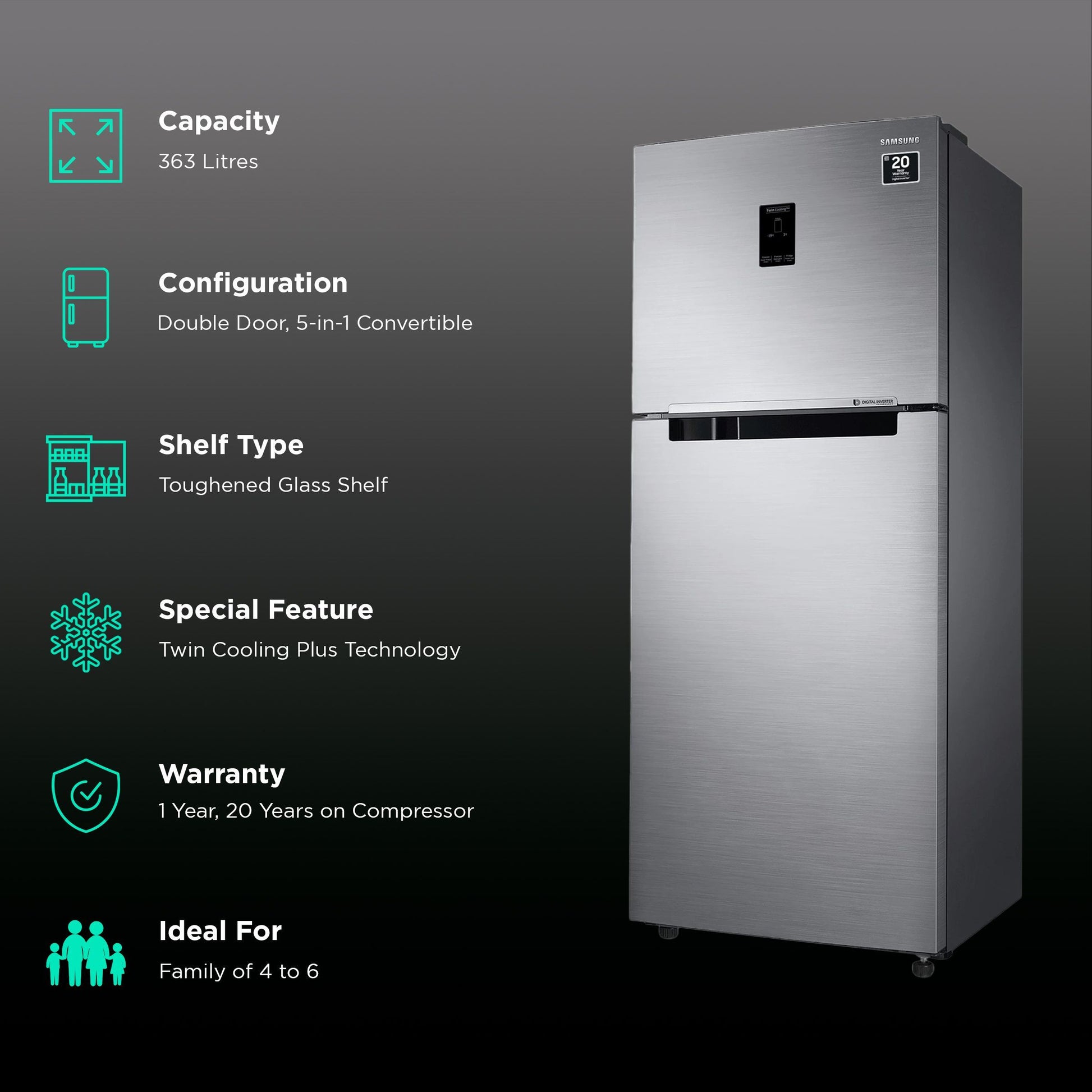 SAMSUNG 363 Litres 1 Star Frost Free Double Door Convertible Refrigerator with Stabilizer Free Operation (RT39C5511S9/HL, Refined Inox)