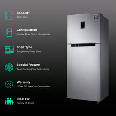 SAMSUNG 363 Litres 1 Star Frost Free Double Door Convertible Refrigerator with Stabilizer Free Operation (RT39C5511S9/HL, Refined Inox)
