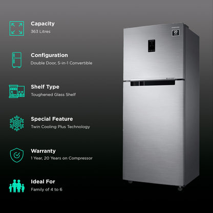 SAMSUNG 363 Litres 1 Star Frost Free Double Door Convertible Refrigerator with Stabilizer Free Operation (RT39C5511S9/HL, Refined Inox)