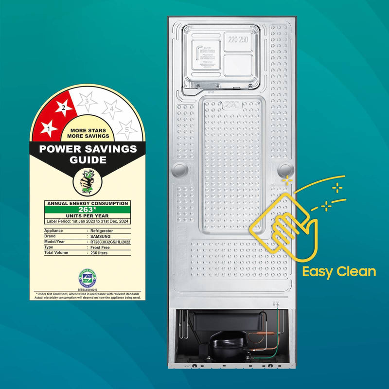 SAMSUNG 236 Litres 2 Star Frost Free Double Door Refrigerator with Power Cut Resistant (RT28C3032GS/HL, Gray Silver)