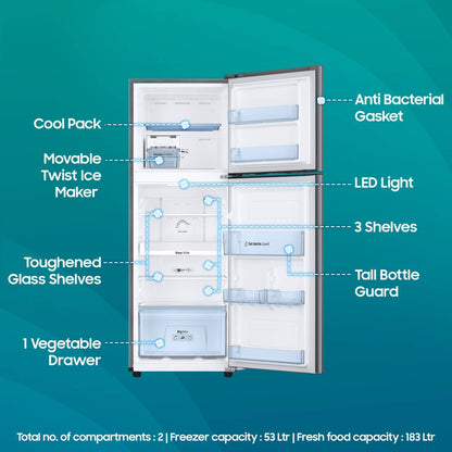 SAMSUNG 236 Litres 2 Star Frost Free Double Door Refrigerator with Power Cut Resistant (RT28C3032GS/HL, Gray Silver)