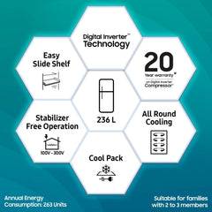 SAMSUNG 236 Litres 2 Star Frost Free Double Door Refrigerator with Power Cut Resistant (RT28C3032GS/HL, Gray Silver)