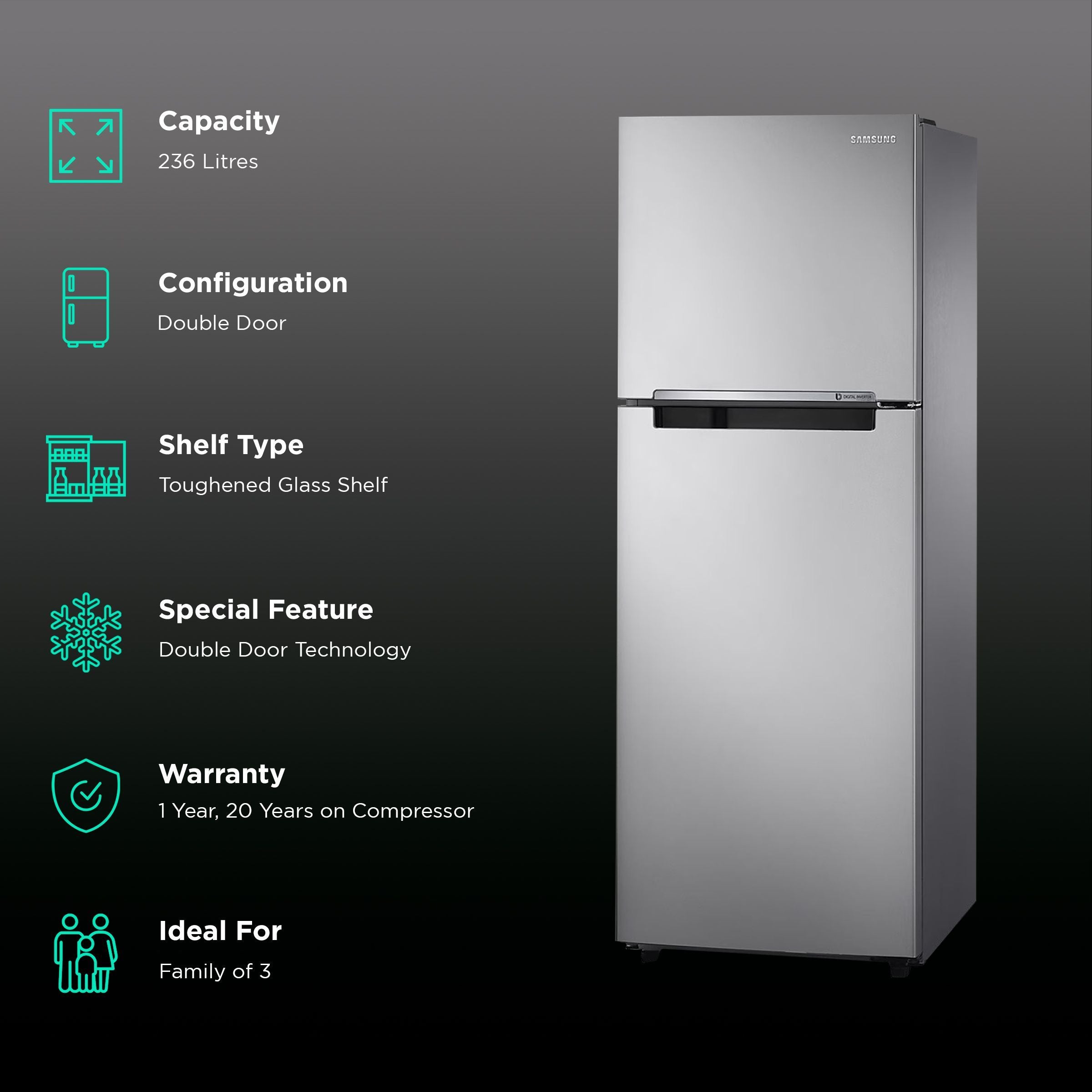 SAMSUNG 236 Litres 2 Star Frost Free Double Door Refrigerator with Power Cut Resistant (RT28C3032GS/HL, Gray Silver)