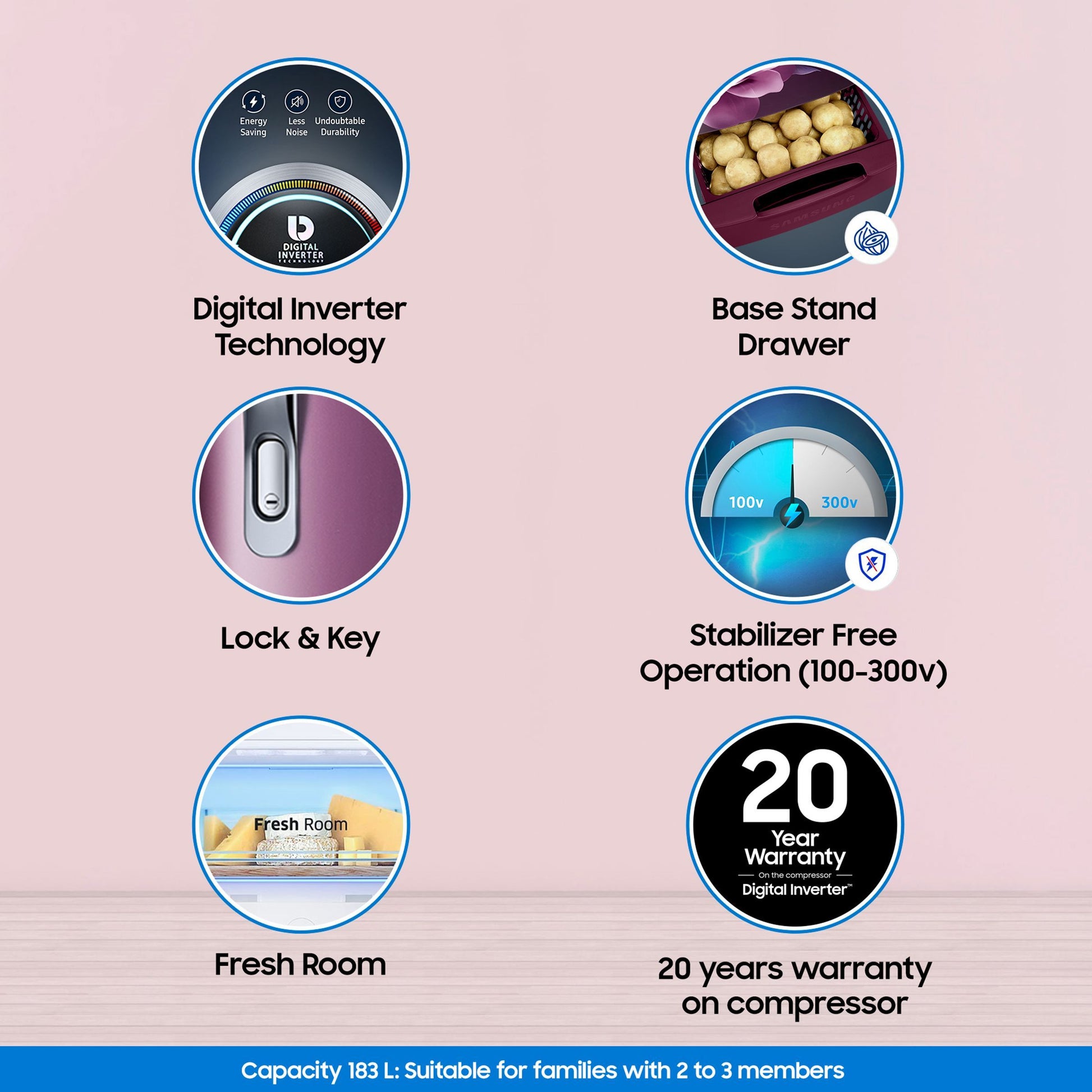 SAMSUNG Stylish Grande 183 Litres4 Star Direct Cool Single Door Refrigerator with Stabilizer Free Operation (RR20C1824CR/HL, Camellia Purple)