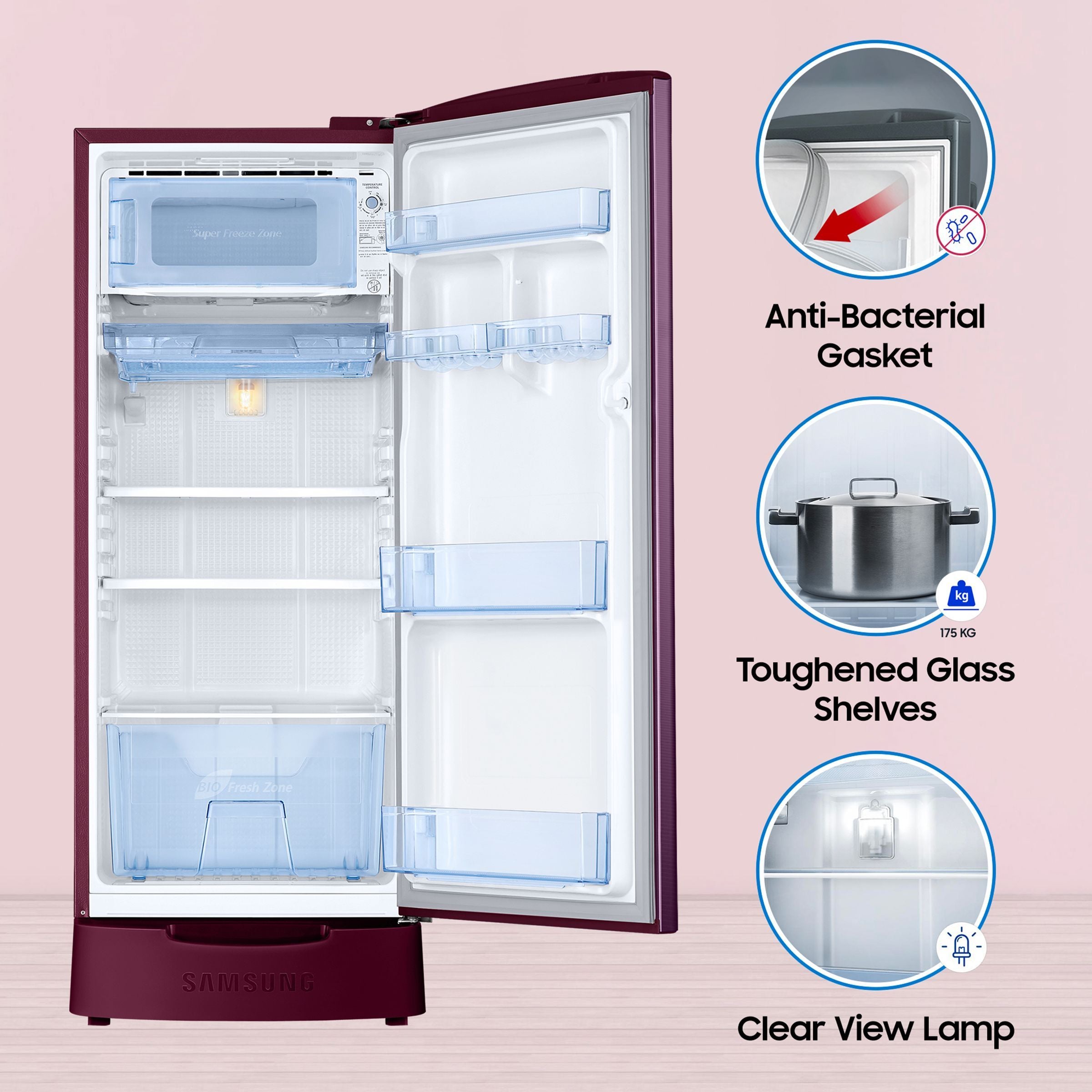 SAMSUNG Stylish Grande 183 Litres4 Star Direct Cool Single Door Refrigerator with Stabilizer Free Operation (RR20C1824CR/HL, Camellia Purple)