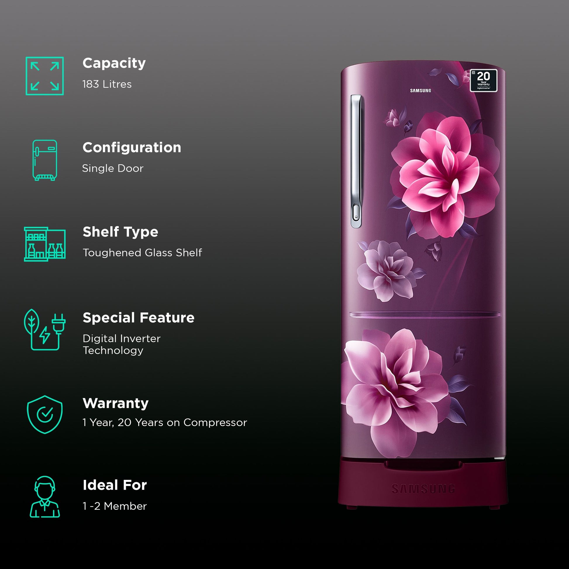 SAMSUNG Stylish Grande 183 Litres4 Star Direct Cool Single Door Refrigerator with Stabilizer Free Operation (RR20C1824CR/HL, Camellia Purple)