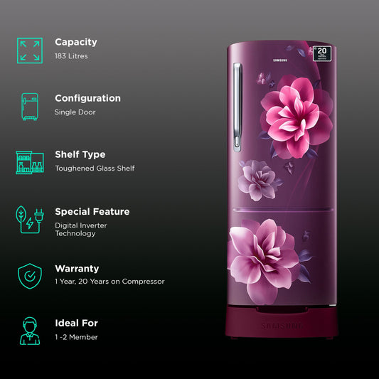 SAMSUNG Stylish Grande 183 Litres4 Star Direct Cool Single Door Refrigerator with Stabilizer Free Operation (RR20C1824CR/HL, Camellia Purple)