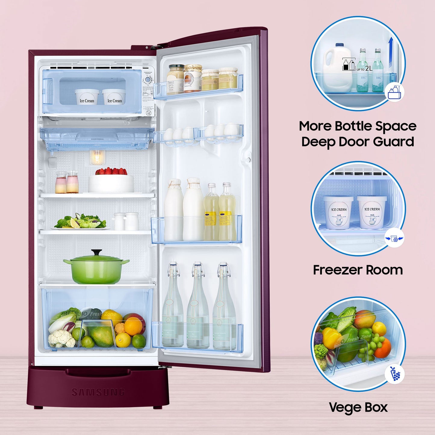 SAMSUNG Stylish Grande 183 Litres4 Star Direct Cool Single Door Refrigerator with Stabilizer Free Operation (RR20C1824CR/HL, Camellia Purple)
