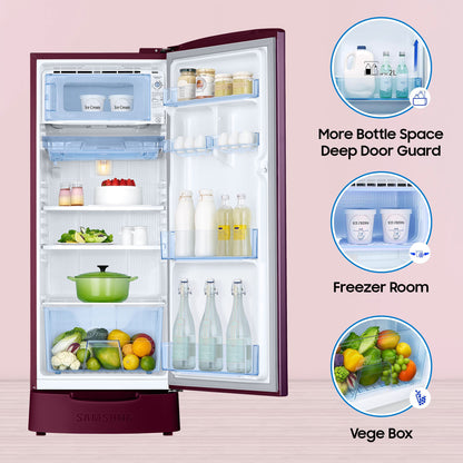 SAMSUNG Stylish Grande 183 Litres4 Star Direct Cool Single Door Refrigerator with Stabilizer Free Operation (RR20C1824CR/HL, Camellia Purple)